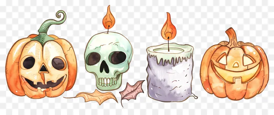 Décor D'halloween，Citrouille Et Crânes PNG