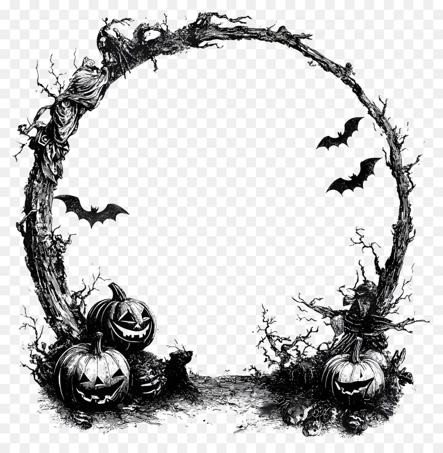 Cadre D'halloween，Couronne De Citrouille Et De Chauve Souris PNG