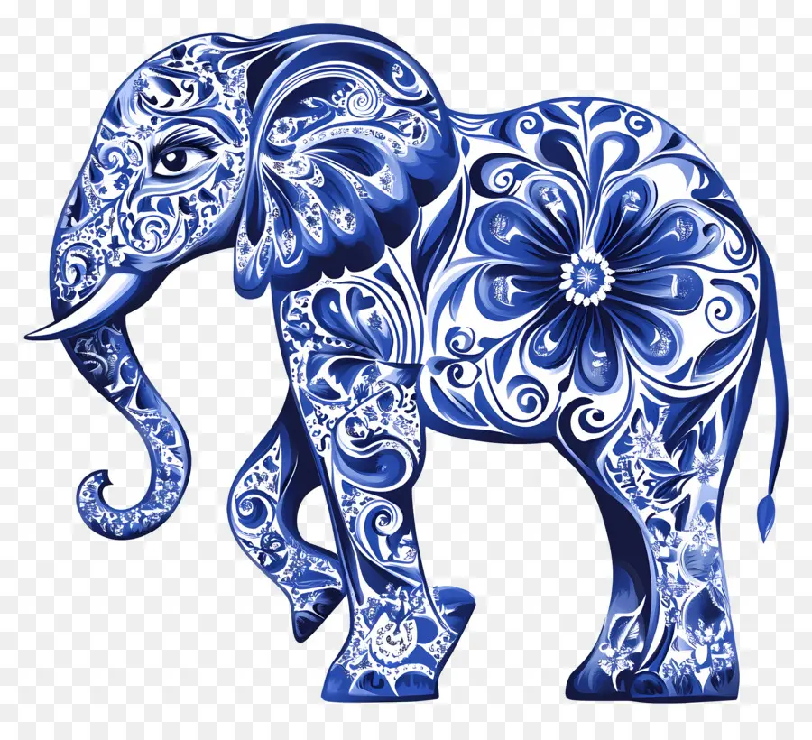 Silhouette D'éléphant，Éléphant Floral Bleu PNG