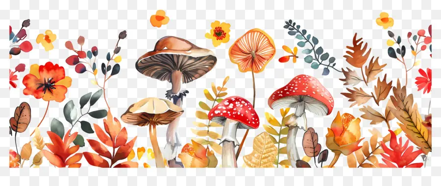 Frontière D'automne，Champignons Et Feuilles PNG