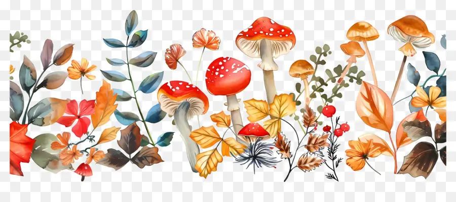 Frontière D'automne，Champignons Et Feuilles PNG