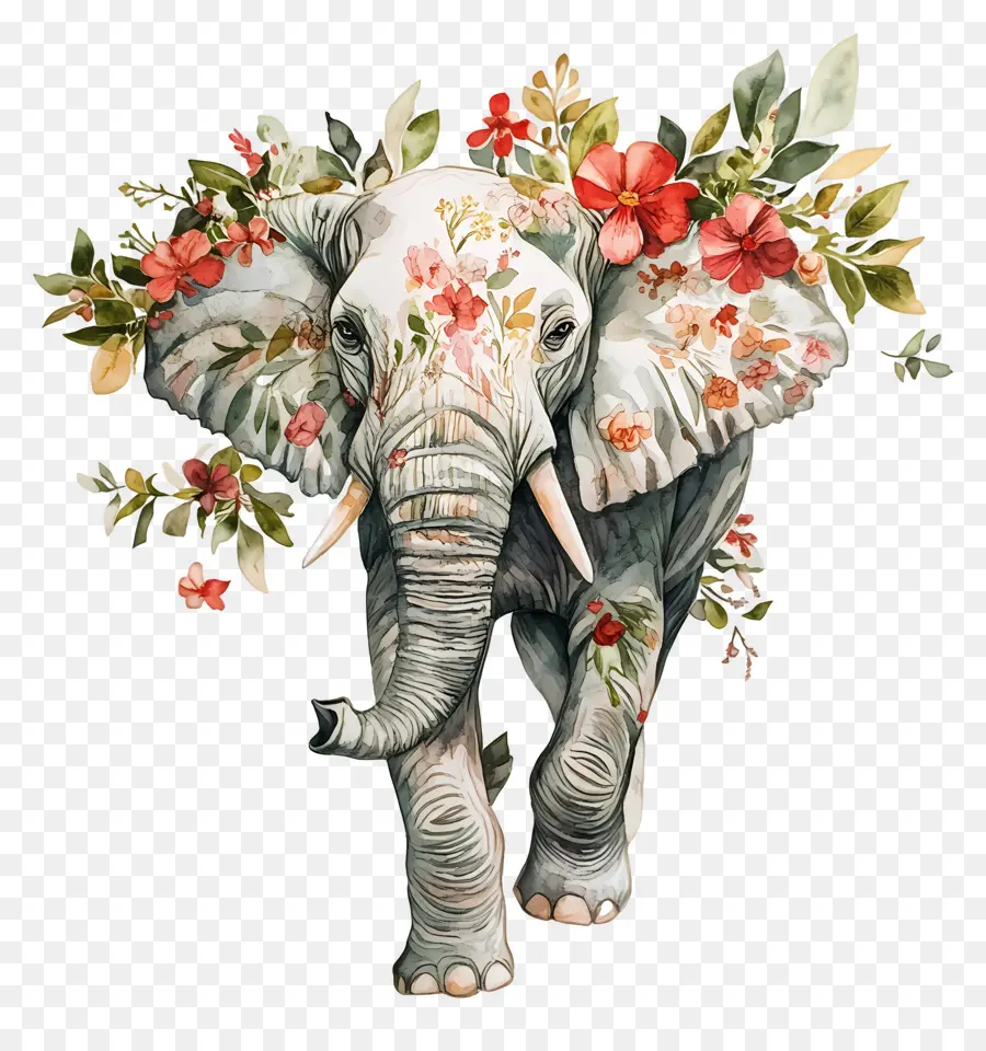 Éléphant Aquarelle，Éléphant Floral PNG