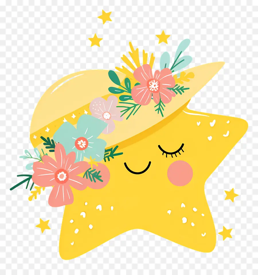 Étoile Kawaii，Étoile Jaune Avec Des Fleurs PNG