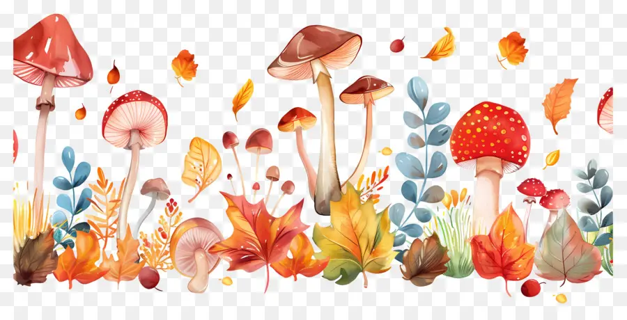 Frontière D'automne，Champignons Et Feuilles PNG