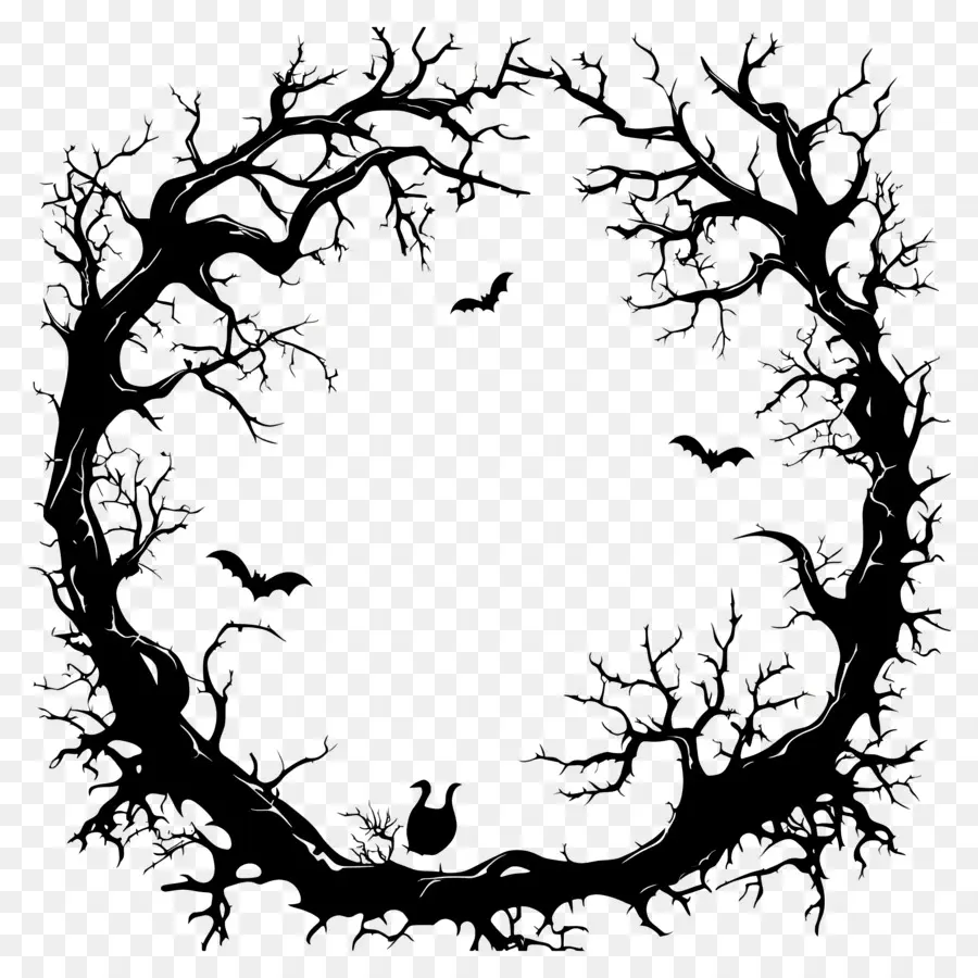 Cadre D'halloween，Couronne De Chauve Souris Et De Branches PNG