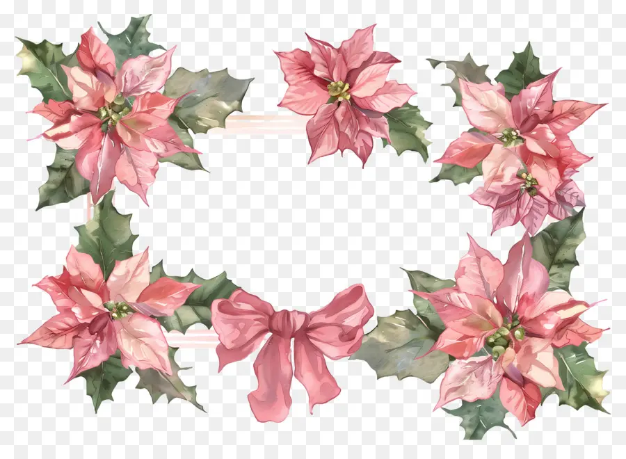 Cadre De Noël，Poinsettia Et Ruban Rose PNG