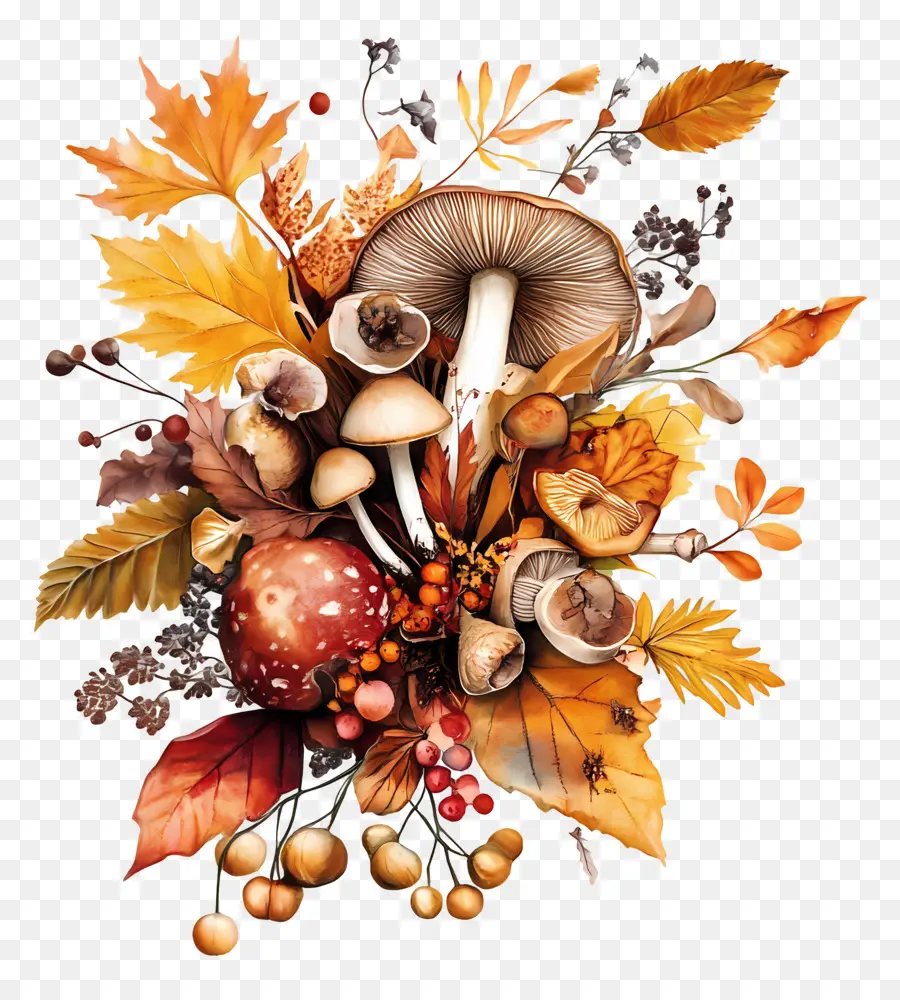 Nature D'automne，Champignons Et Feuilles PNG