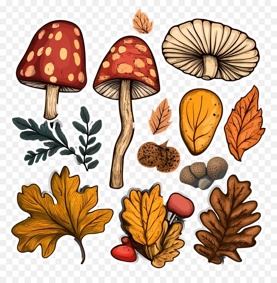 Nature D'automne，Champignons Et Feuilles PNG