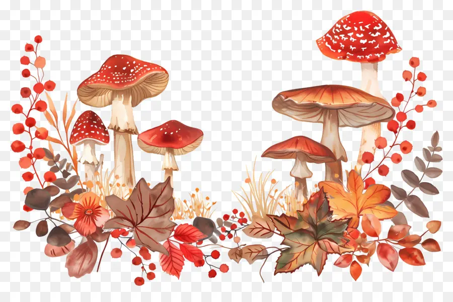 Frontière D'automne，Champignons Et Feuilles PNG