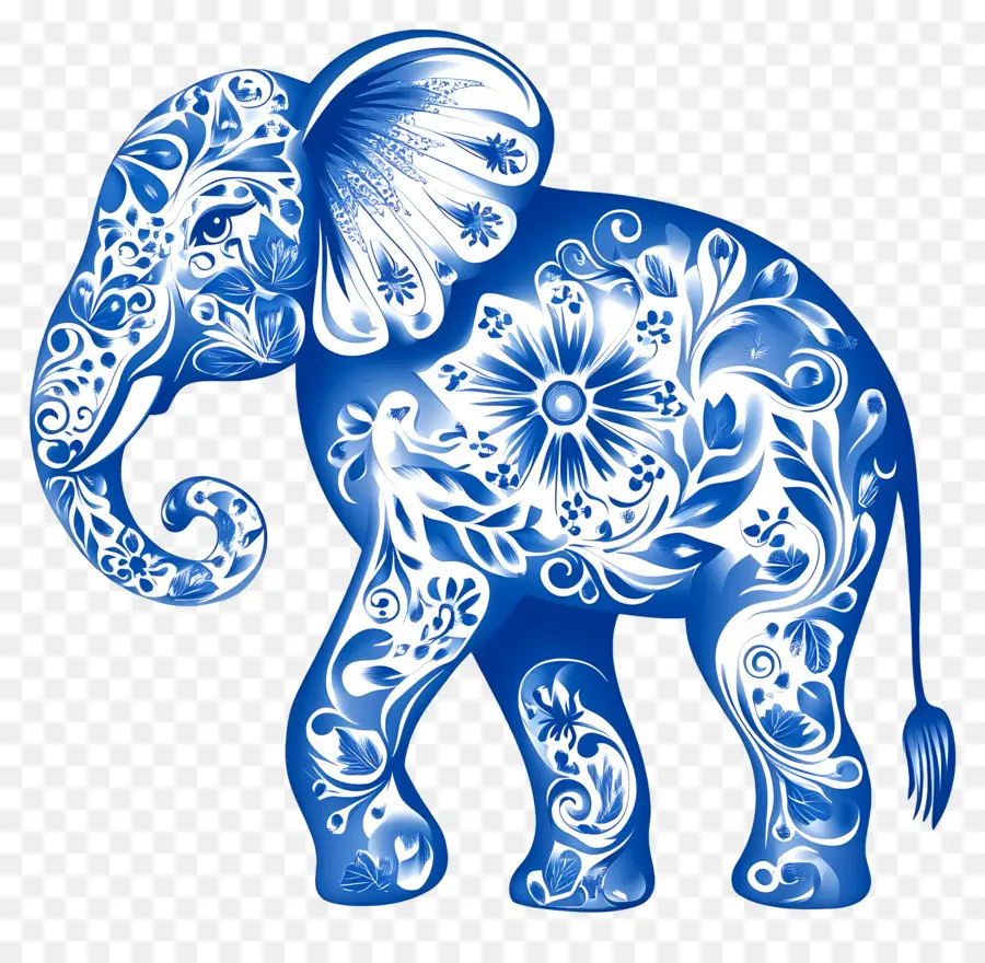 Silhouette D'éléphant，Éléphant Floral Bleu PNG