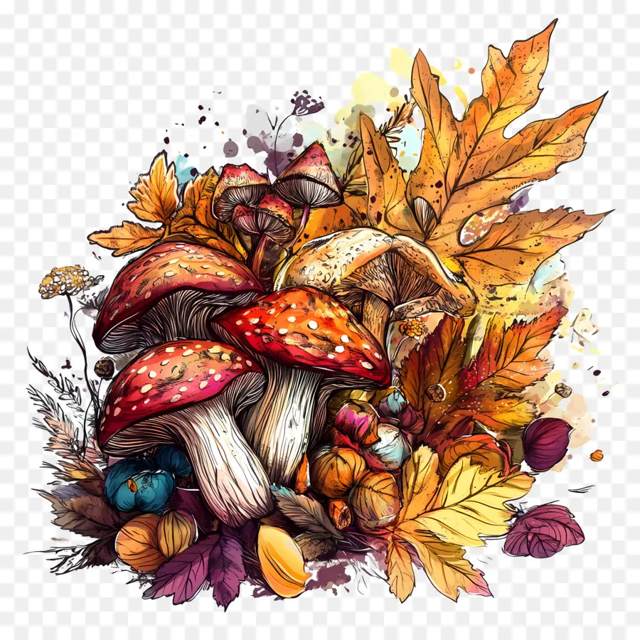 Nature D'automne，Champignons Et Feuilles PNG