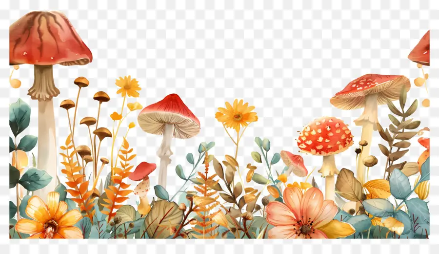 Frontière D'automne，Champignons Et Feuilles PNG