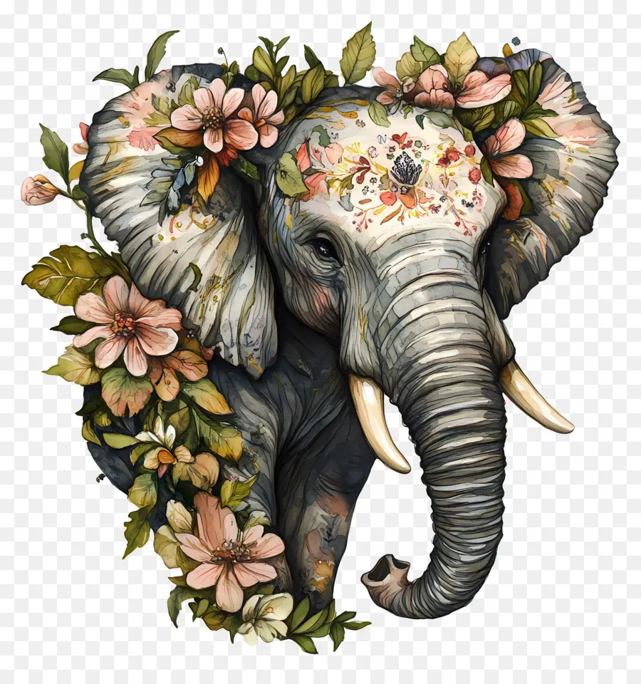 Éléphant Aquarelle，Éléphant Avec Des Fleurs PNG