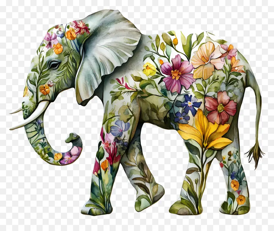 Éléphant Aquarelle，Éléphant Floral PNG