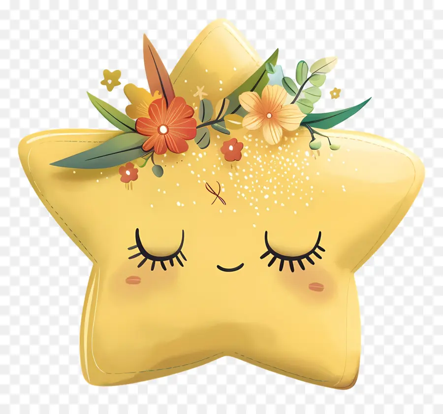 Étoile Kawaii，Étoile Jaune Avec Des Fleurs PNG