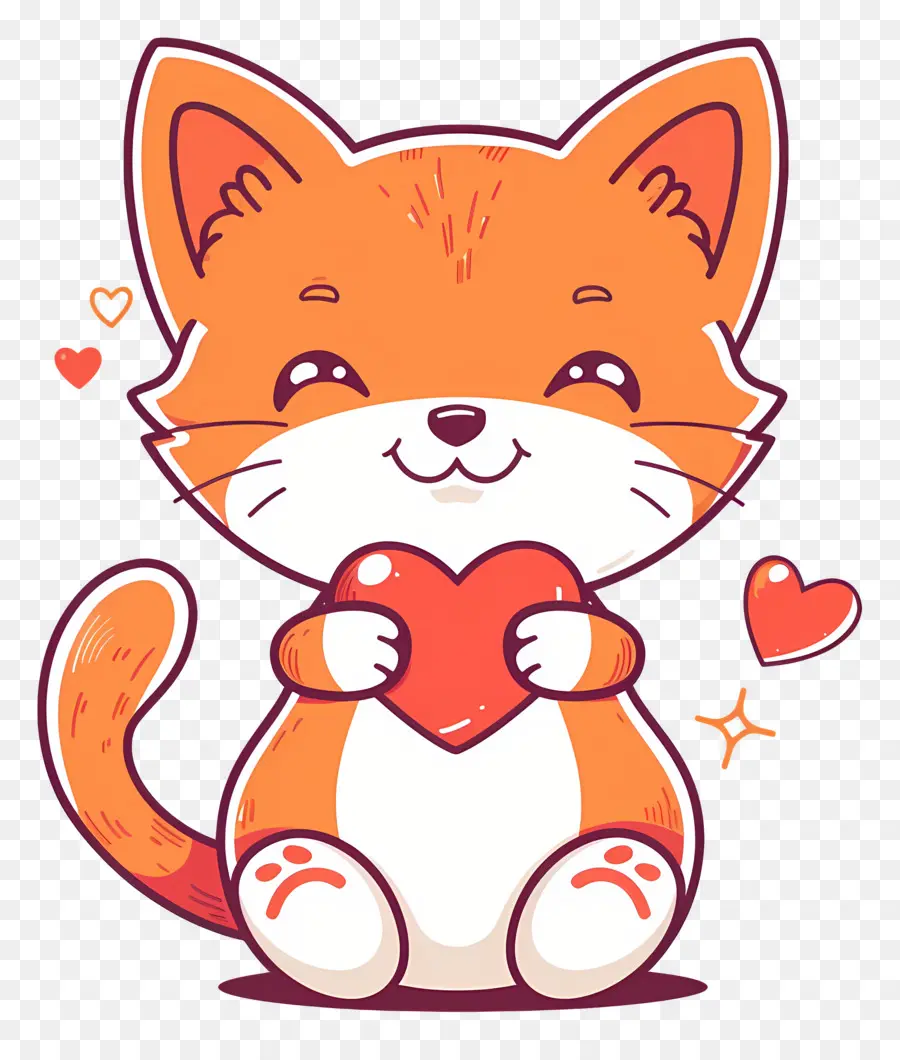 Chat Kawaii，Chat Orange Avec Coeur PNG