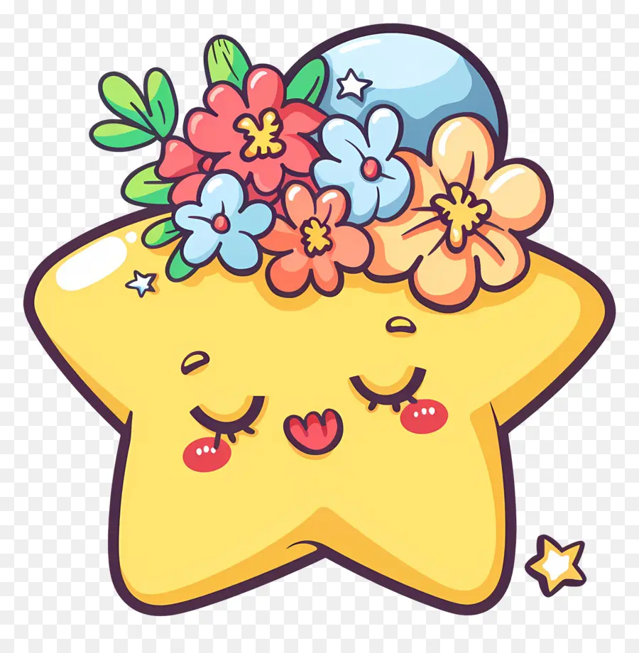 Étoile Kawaii，Étoile Jaune Avec Des Fleurs PNG