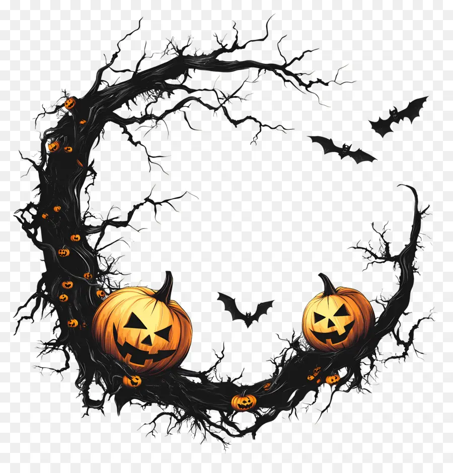 Cadre D'halloween，Couronne De Citrouille Et De Chauve Souris PNG