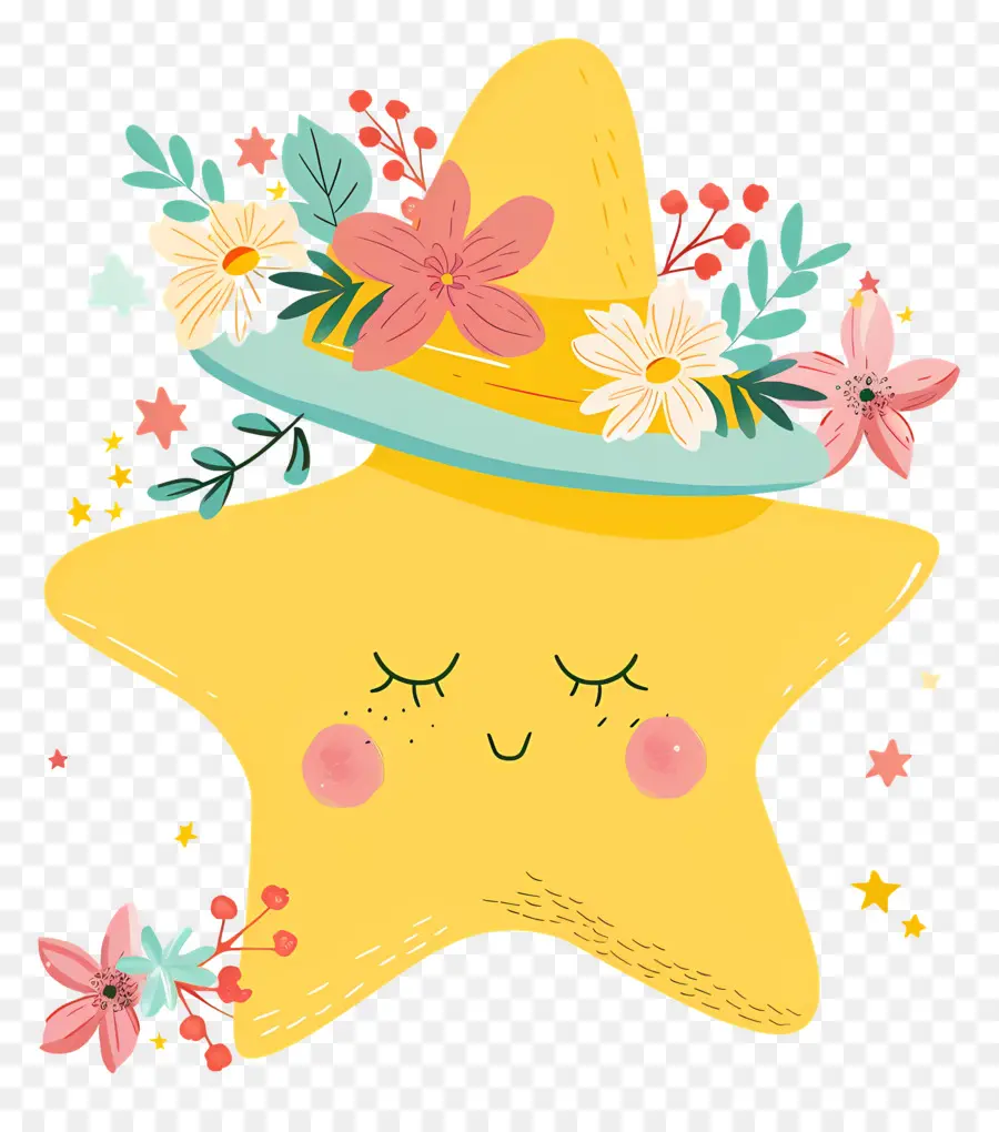 Étoile Kawaii，Étoile Jaune Avec Des Fleurs PNG