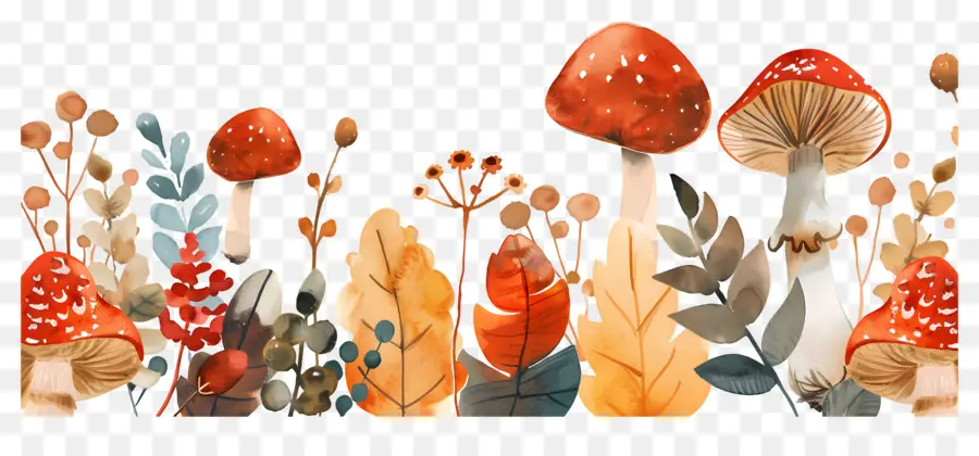 Frontière D'automne，Champignons Et Feuilles PNG