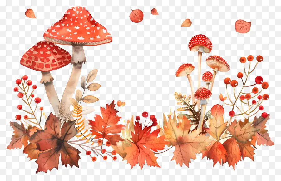 Frontière D'automne，Champignons Et Feuilles PNG