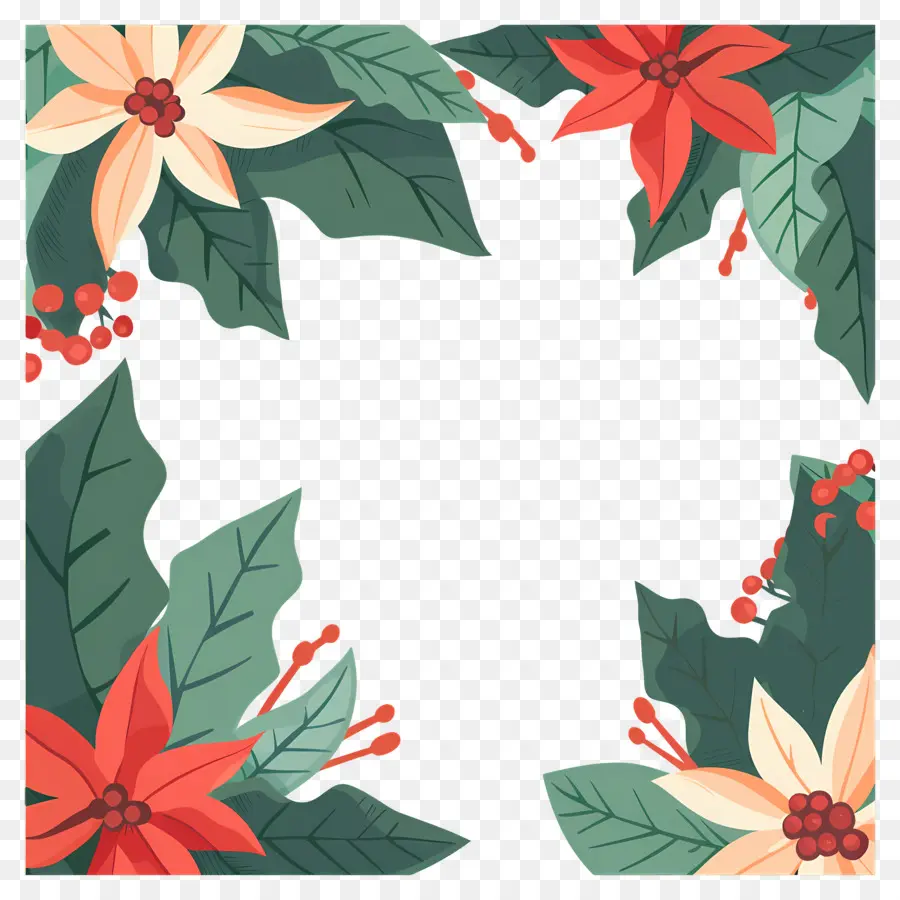 Cadre De Noël，Poinsettia Et Houx PNG