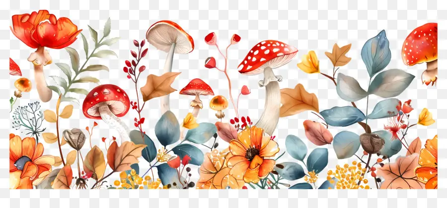 Frontière D'automne，Champignons Et Feuilles PNG