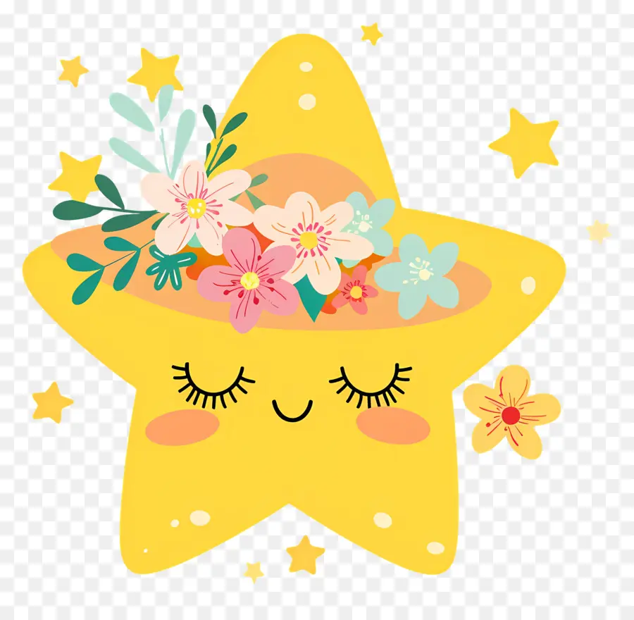 Étoile Kawaii，Étoile Jaune Avec Des Fleurs PNG