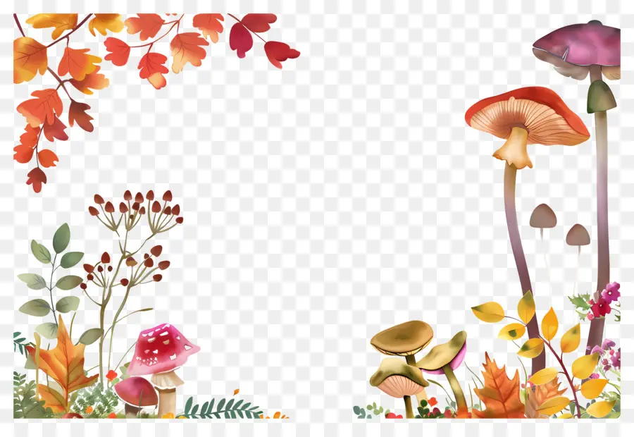 Frontière D'automne，Champignons Et Feuilles PNG