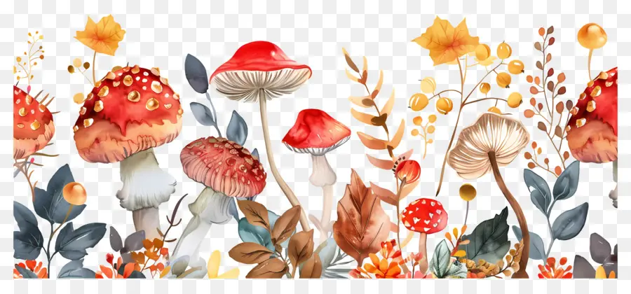 Frontière D'automne，Champignons Et Feuilles PNG