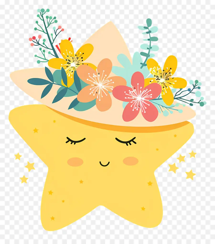 Étoile Kawaii，Étoile Jaune Avec Des Fleurs PNG