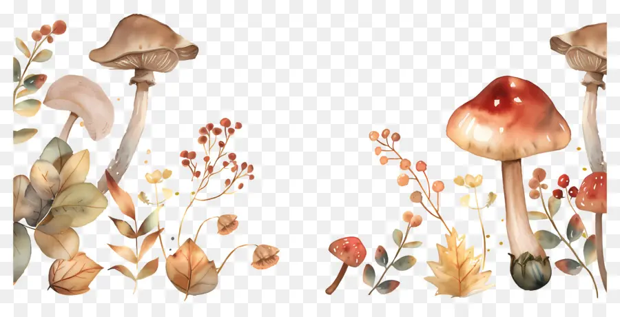 Frontière D'automne，Champignons Et Feuilles PNG