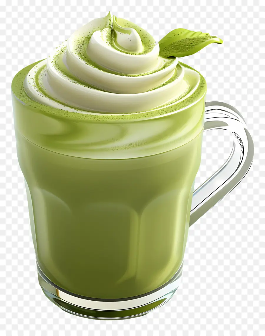 Matcha Latté，Verre Vert Avec Feuille PNG