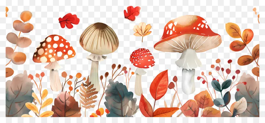 Frontière D'automne，Champignons Et Feuilles PNG