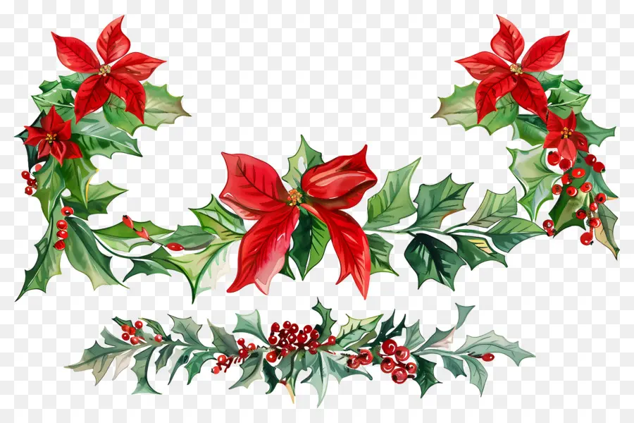 Frontière De Noël，Poinsettia Et Guirlande De Houx PNG