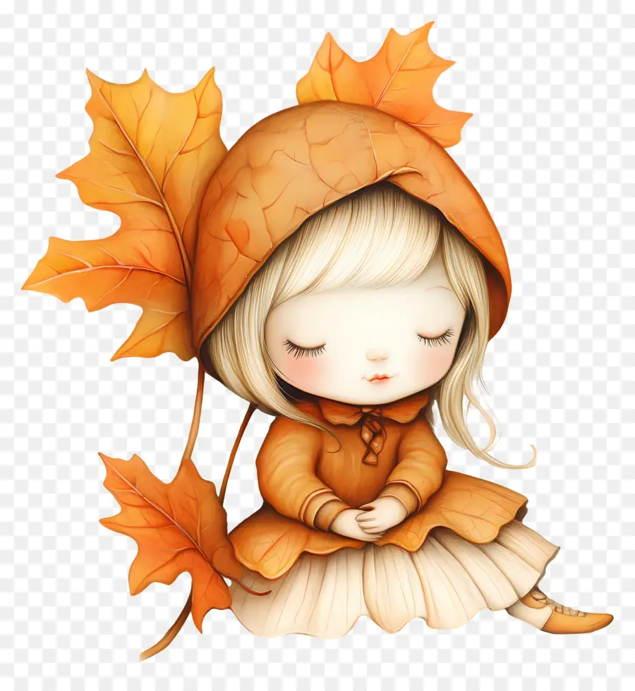 Feuille D'automne Mignonne，Fille Endormie PNG