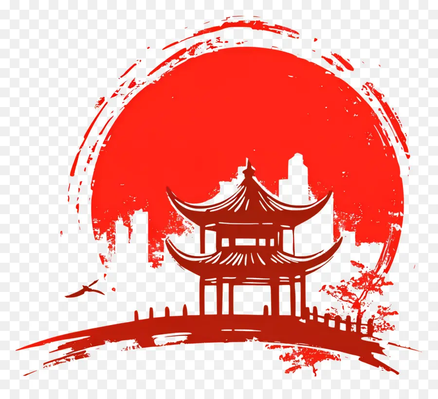 Fête Nationale Chinoise，Pagode Avec Soleil Rouge PNG