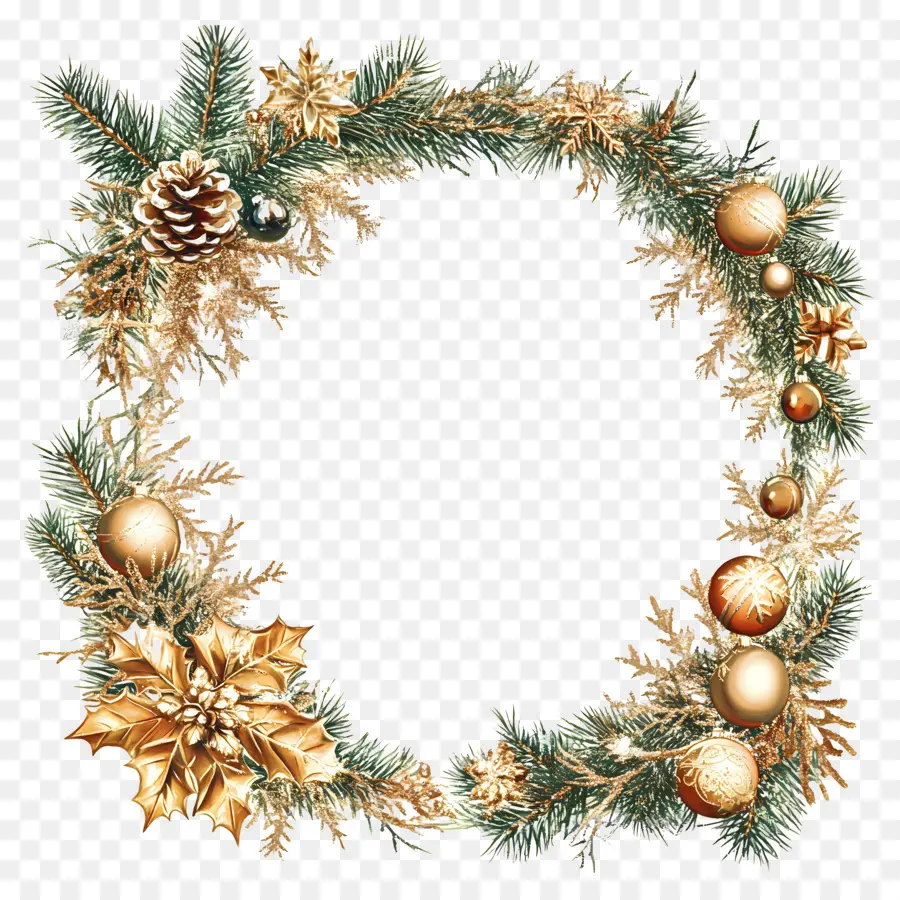 Cadre De Noël Doré，Couronne Bleue PNG