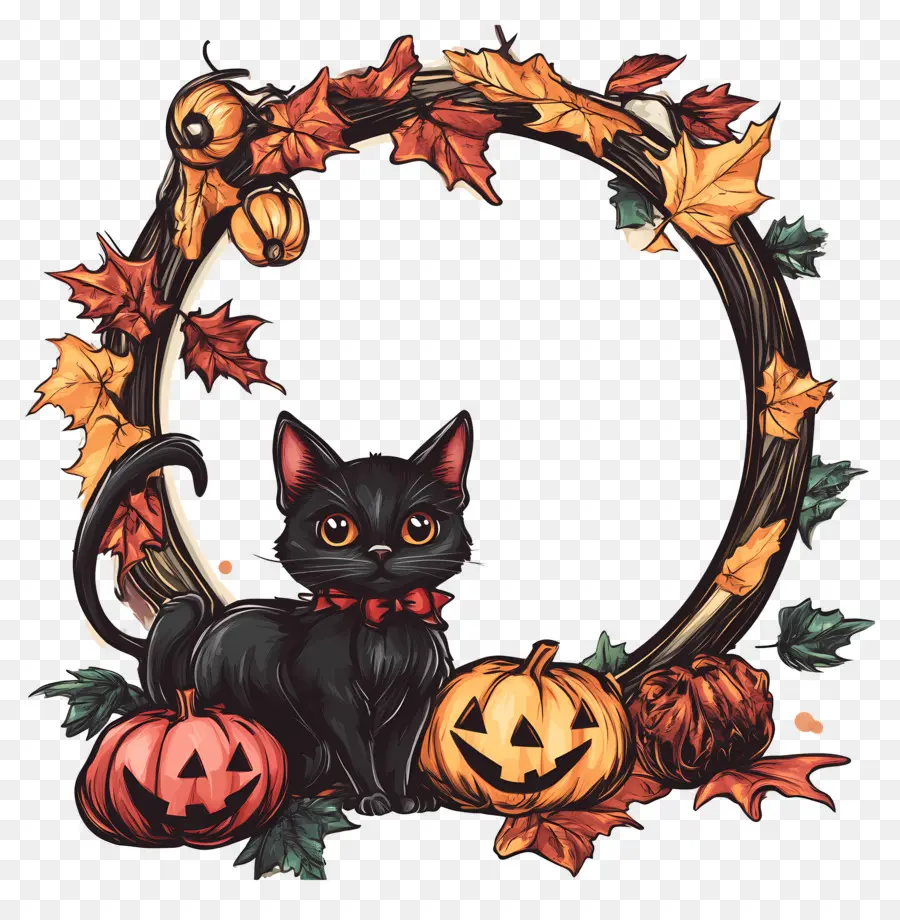 Cadre D'halloween，Chat Noir Et Citrouille PNG