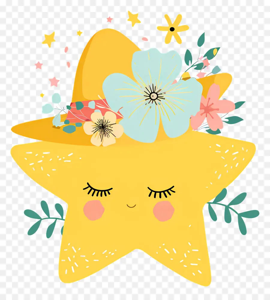 Étoile Kawaii，Étoile Jaune Avec Des Fleurs PNG