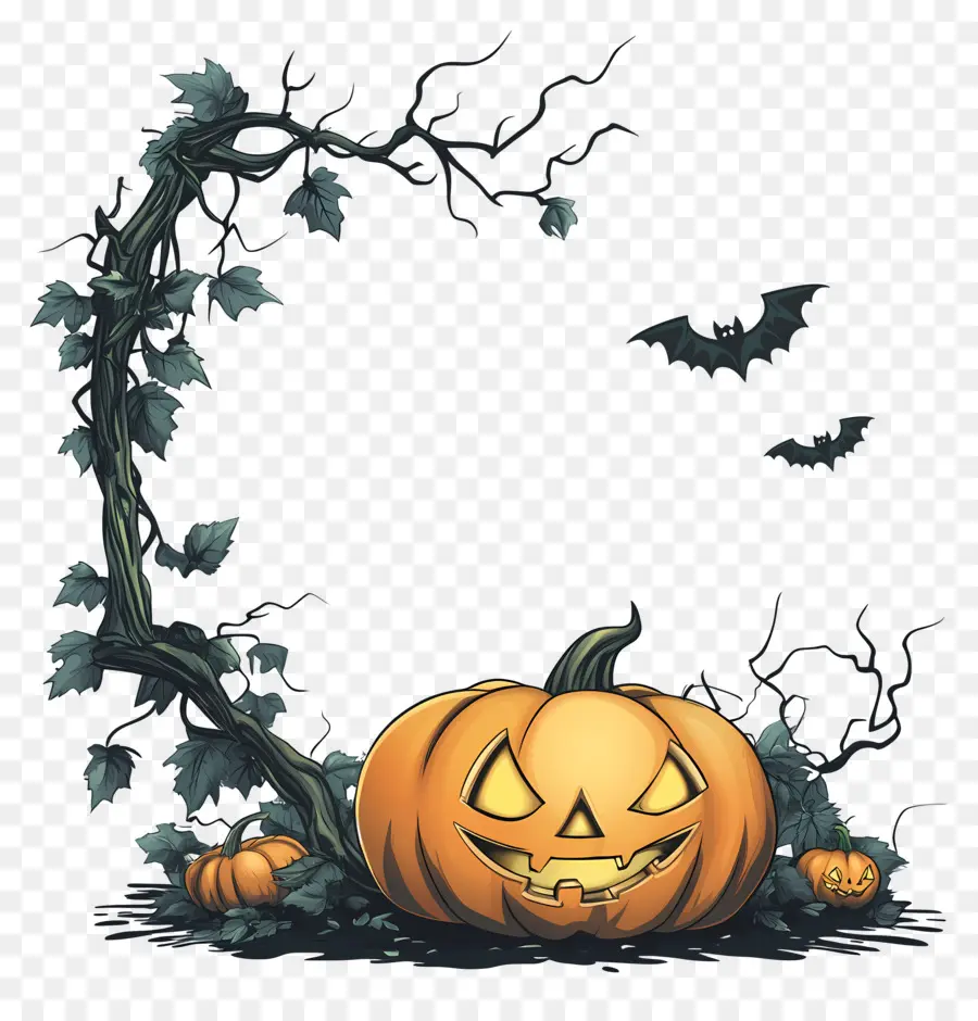 Cadre D'halloween，Cadre Citrouille Et Chauves Souris PNG