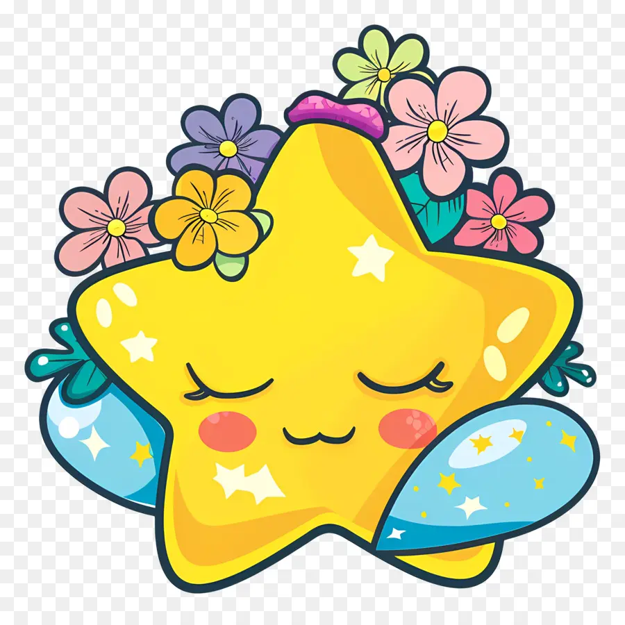 Étoile Kawaii，Étoile Jaune Avec Des Fleurs PNG