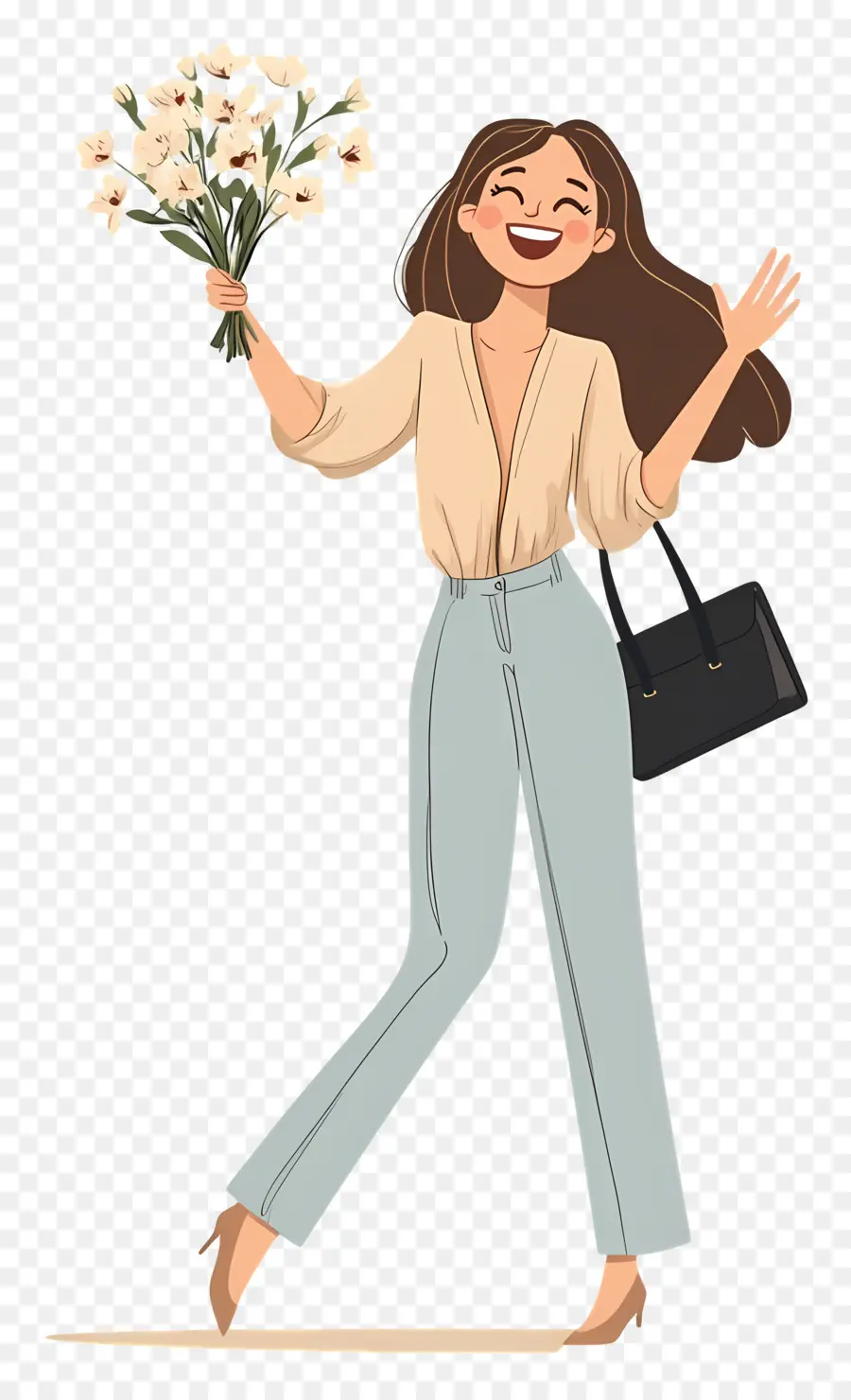 Fille Heureuse，Femme Avec Des Fleurs PNG