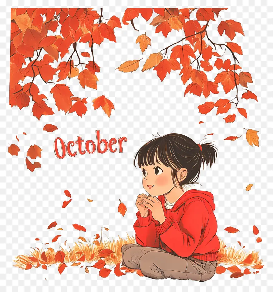 Octobre，Octobre Avec Fille Et Feuilles D'automne PNG