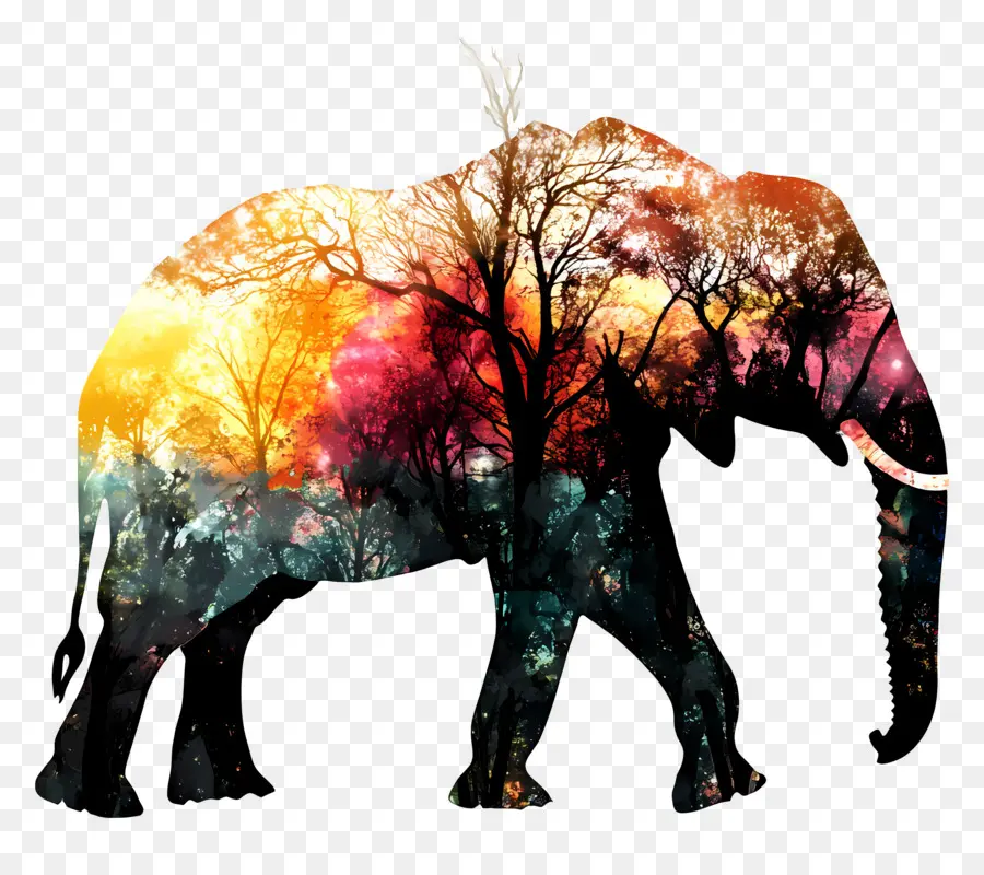 Silhouette D'éléphant，Éléphant Avec Forêt PNG