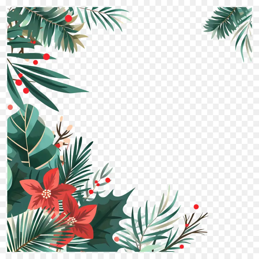 Le Coin De Noël，Poinsettia Et Feuilles Vertes PNG