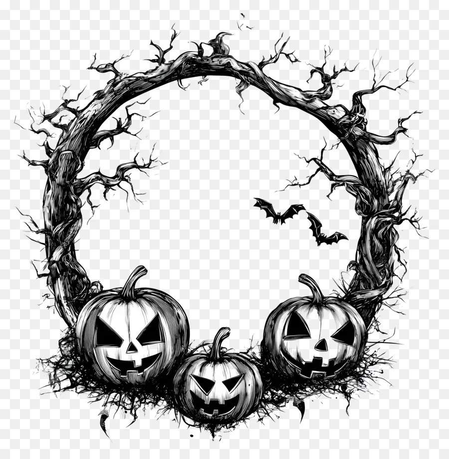 Cadre D'halloween，Couronne De Citrouille Et De Chauve Souris PNG