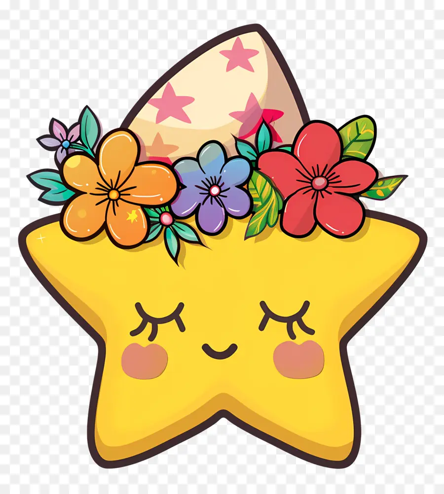 Étoile Kawaii，Étoile Jaune Avec Des Fleurs PNG