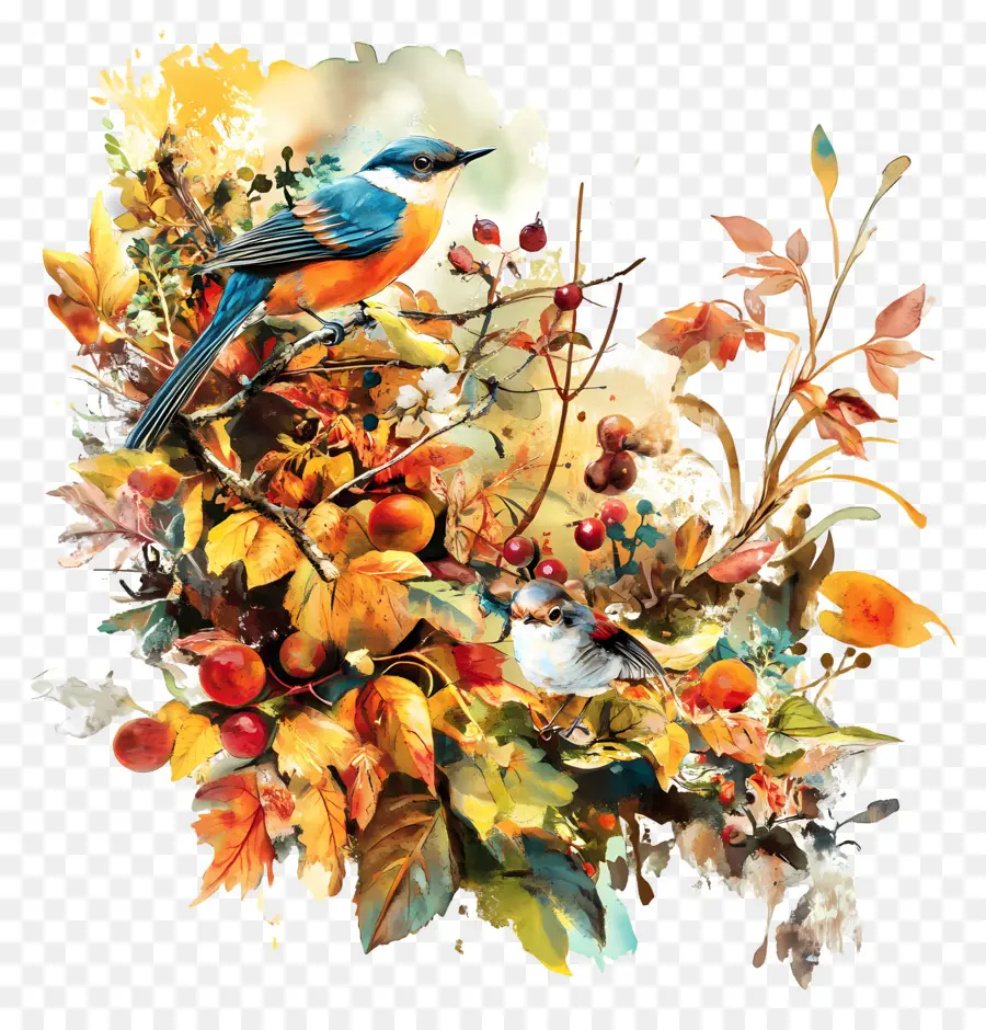 Nature D'automne，Oiseaux Et Feuilles PNG