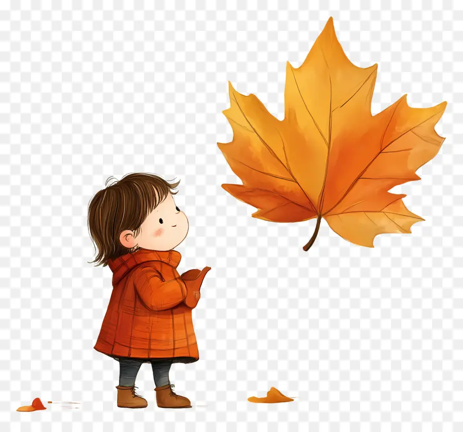 Feuille D'automne Mignonne，Enfant En Manteau Orange PNG